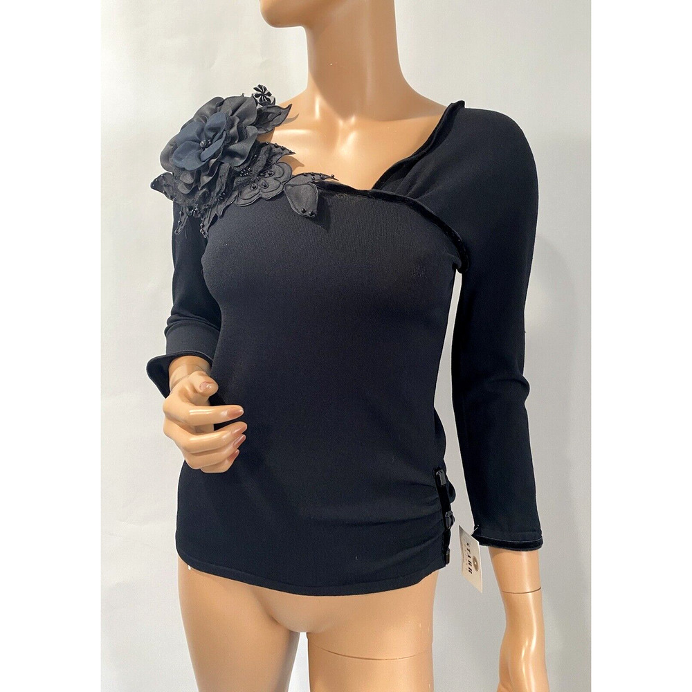 Giorgio Grati Black Blouse Size Small Embroidered With Black Fabric Flower italy